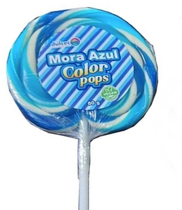 Paleta de caramelo estilo old fashionable lollipop o whirly pop, color blanco con azul sabor de blueberry