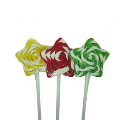 paleta de caramelo en espiral con forma de estrella, donde un cordon siempre es blanco y se combina con rojo, verde, amarillo, lila, rosa, celeste o anaranjado