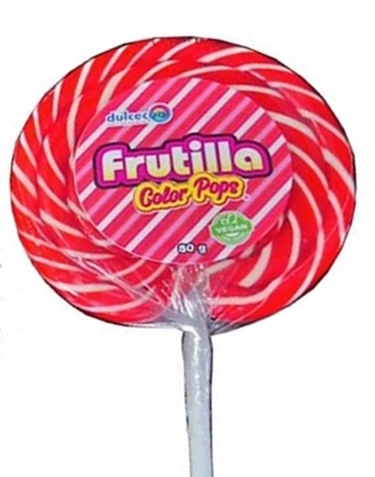 Paleta de caramelo estilo old fashionable lollipop o whirly pop, color blanco con rojo sabor de frutilla