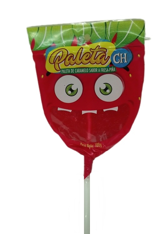 Paleta de caramelo duro redonda, sabor a fresa y piña, color rojo, con envoltura ilustrada con una cara sonriente, conocida como paleta del Chavo